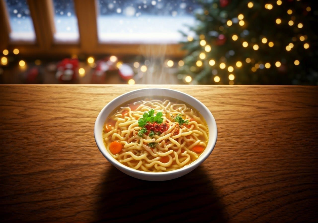 Steaming Bowl of Chicken Noodle Soup in Winter Wonderland