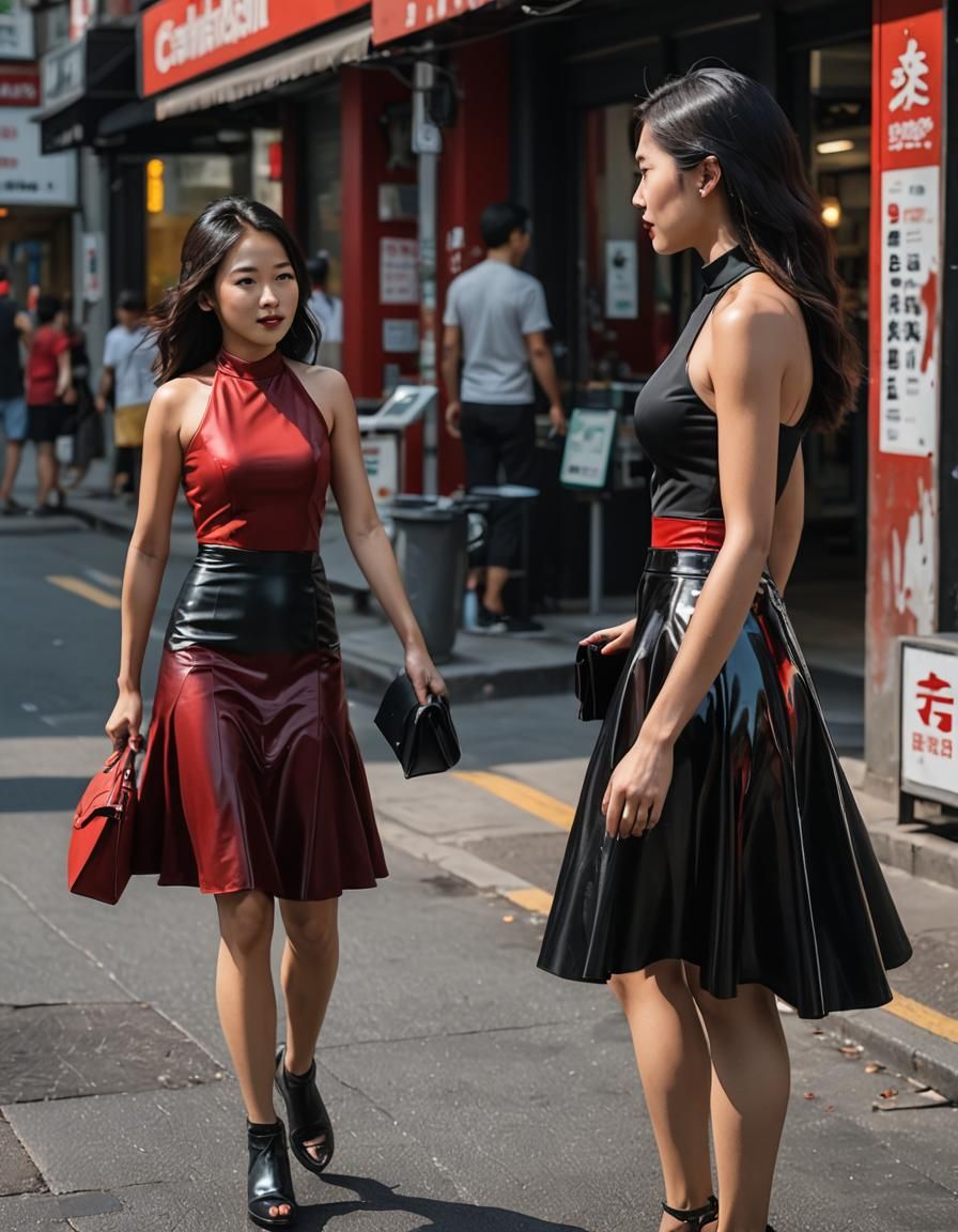 Mother and Daughter in Liquid Plastic Dresses