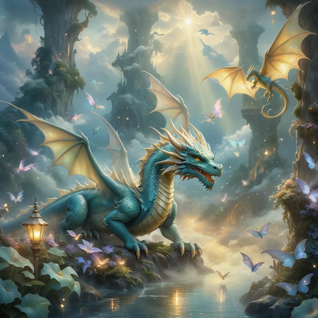 Dragon with Fairies in Golden Light