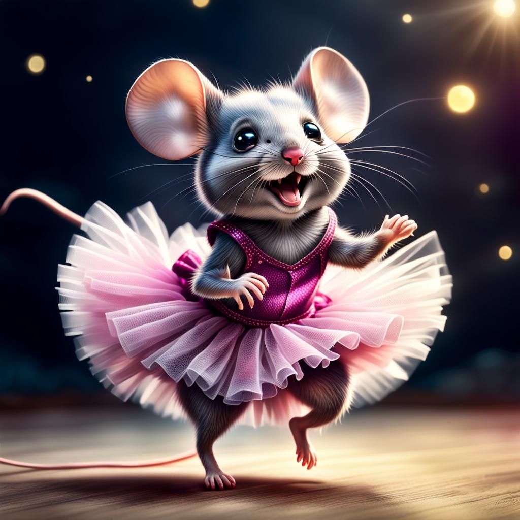 Joyful Mouse in Tutu Dancing, Hyperrealistic