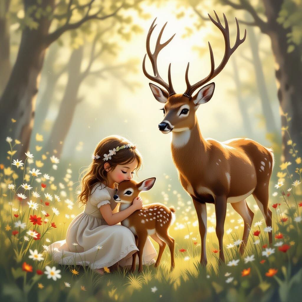 Girl Hugs Deer in Magical Forest
