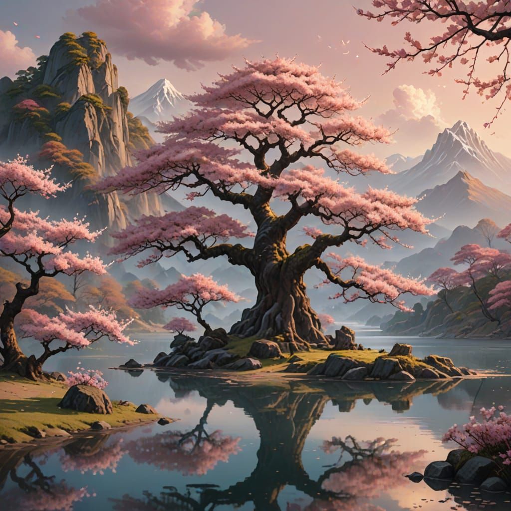 Ancient Sakura Tree Reflecting in Lake, Fantasy Art