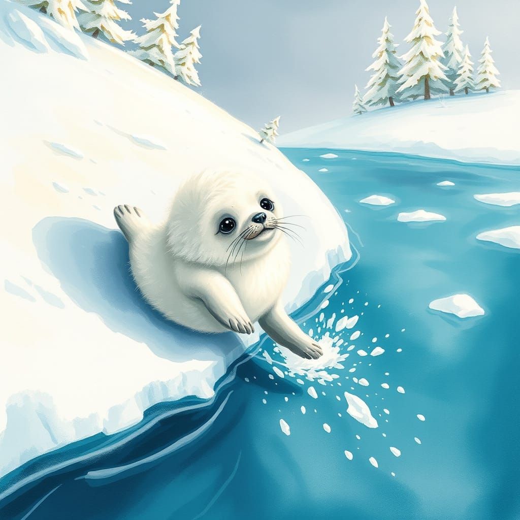Seal Pup Slides into Icy Turquoise Sea in Whimsical Watercol...