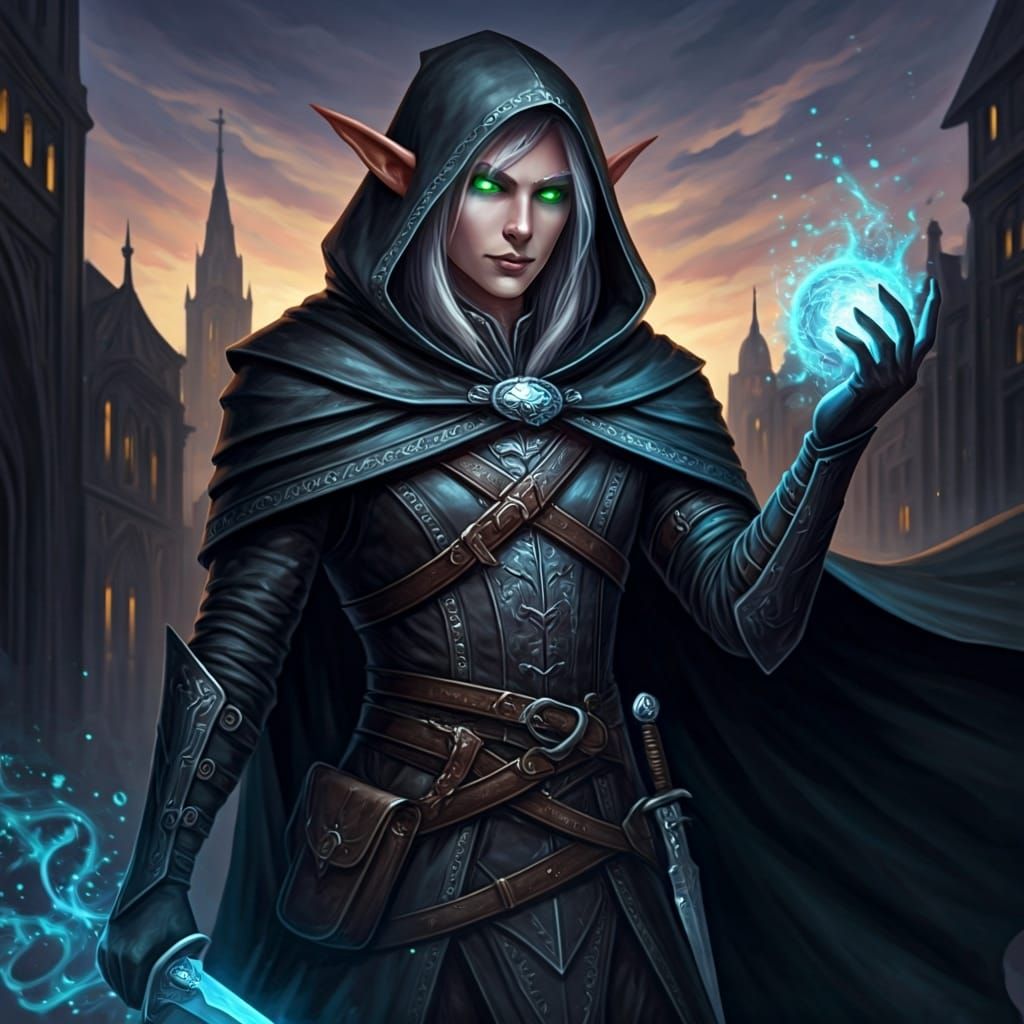 Elven Rogue with Magic Daggers in Twilight Cityscape