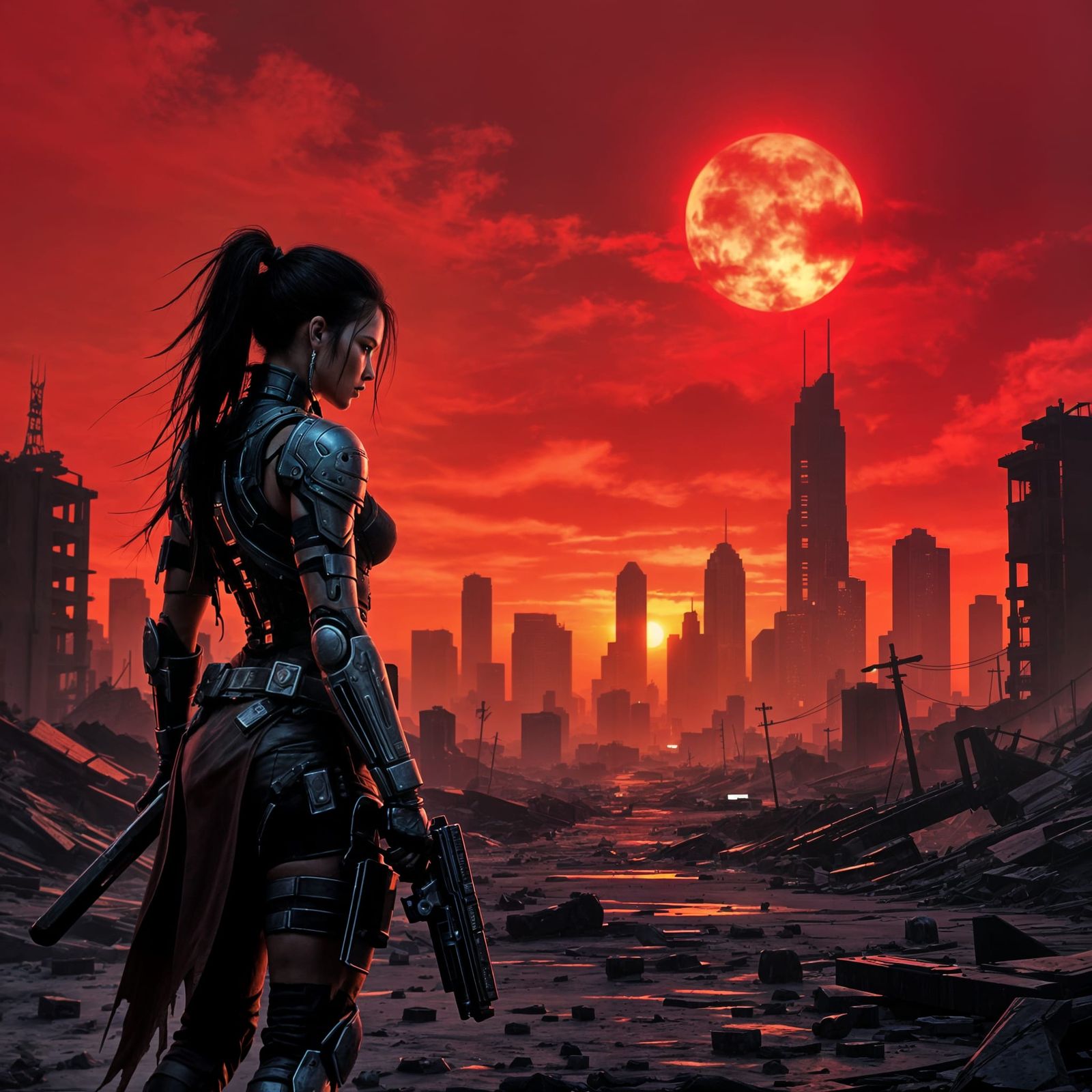 Cybernetic Warrior Surveys Post-Apocalyptic Cityscape