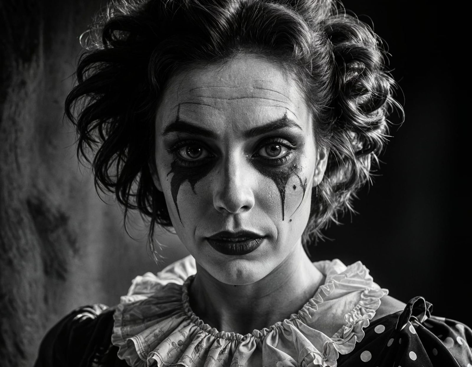 Beautiful Female Clown in Black and White Portrait