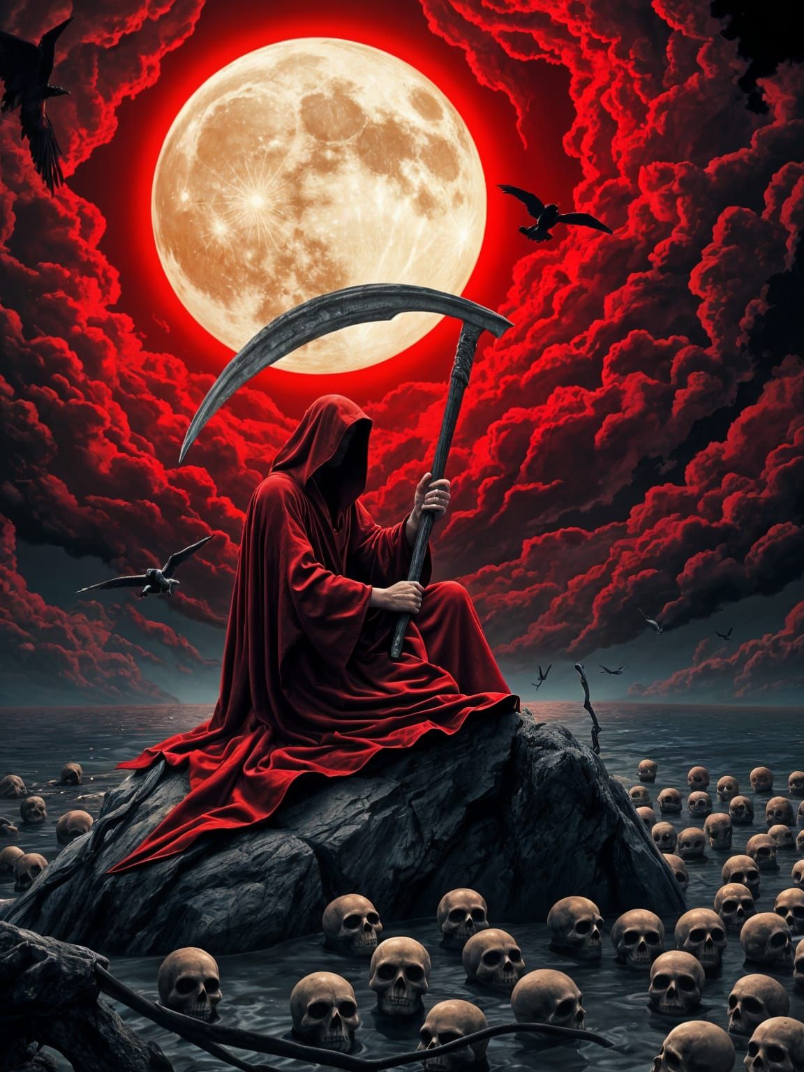Grim Reaper with Red Scythe Under Red Moon