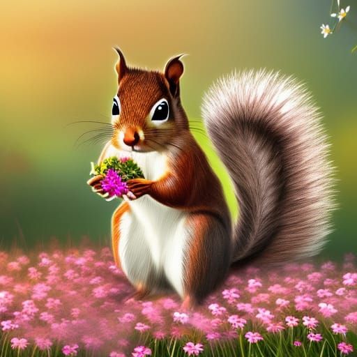 Squirrel Eating Berries in a Field of Daisies