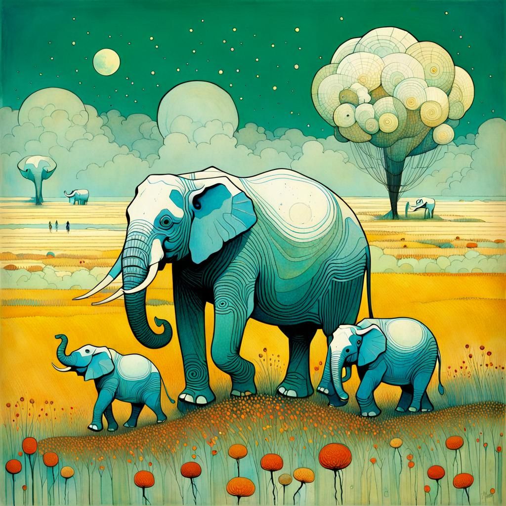 White Elephant Family in Prairie, Minimalist Style