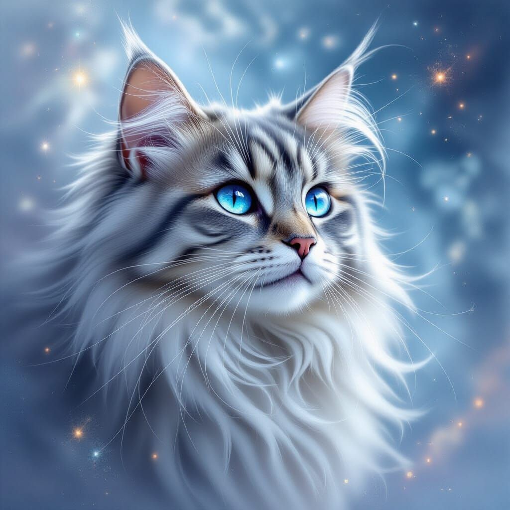Ethereal Cat Portrait with Liquid Moonlight Fur