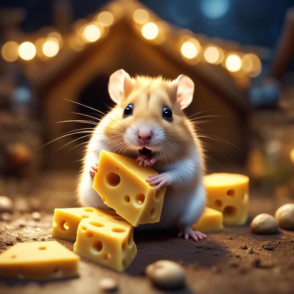 Cute Hamster Enjoying Cheese in Cozy Home