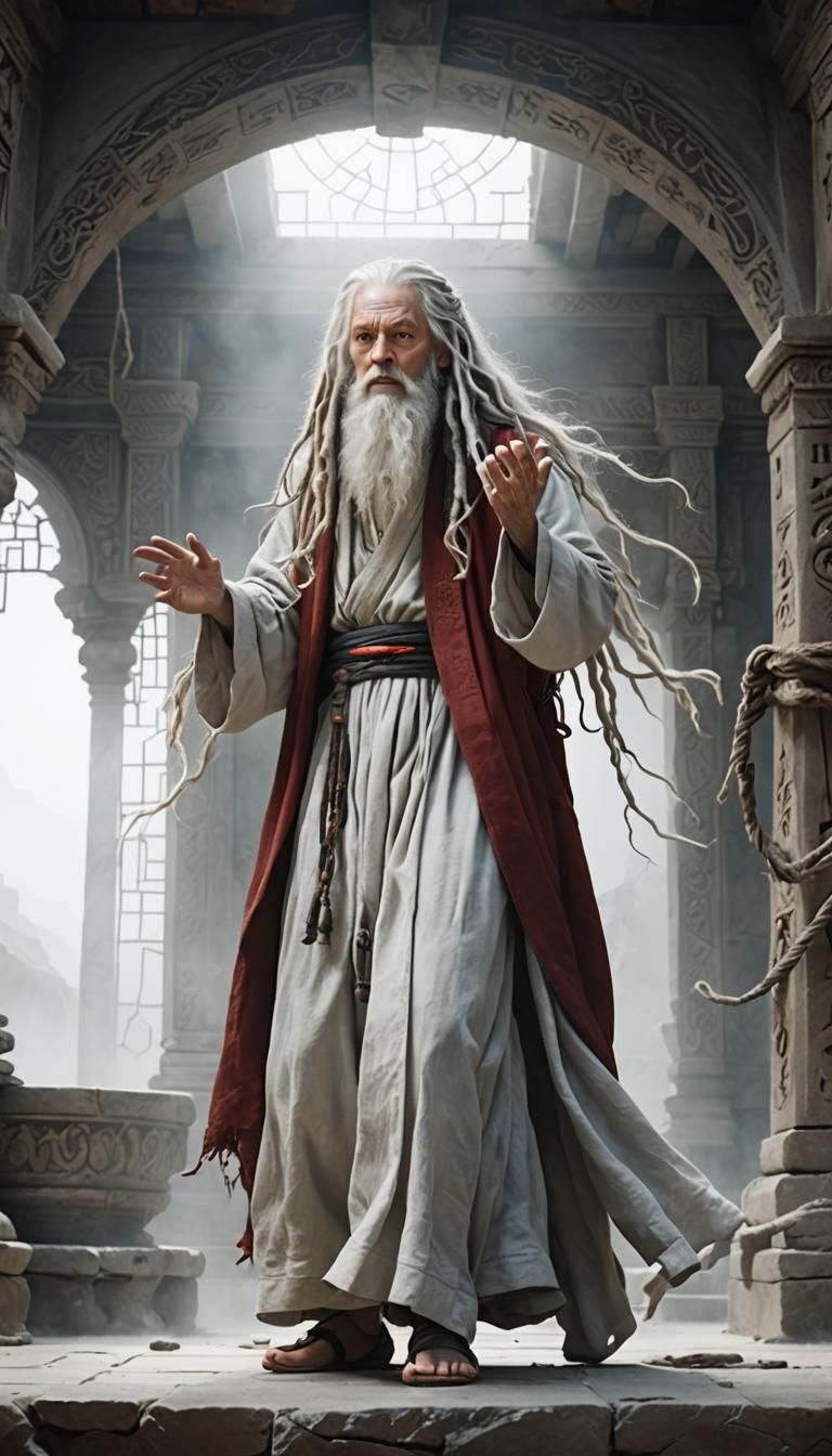 Floating Elderly Sorcerer in Stone Chamber