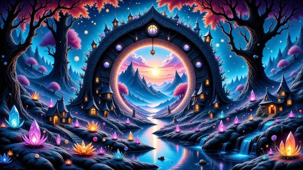 Miniature Village in Ornate Crescent Moon, Whimsical Style