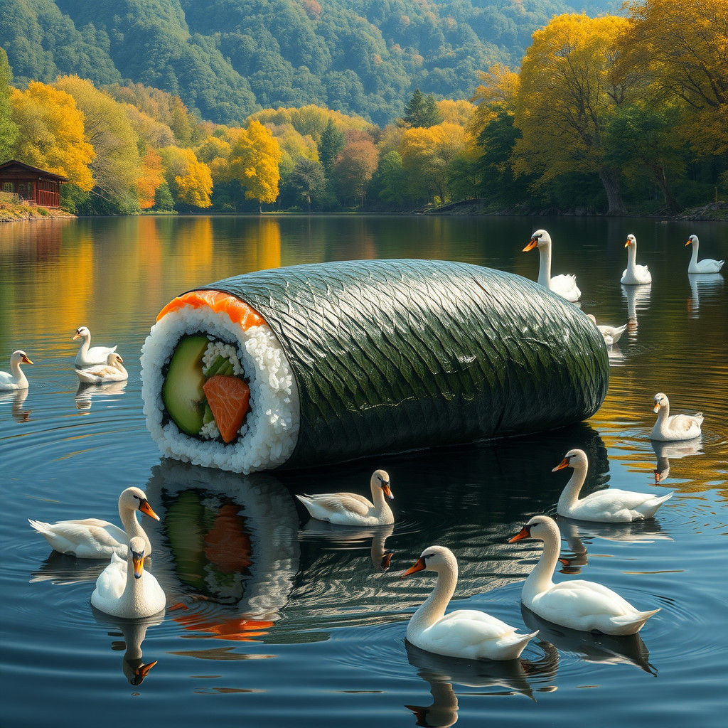 Giant Sushi Roll Floating on a Serene Lake