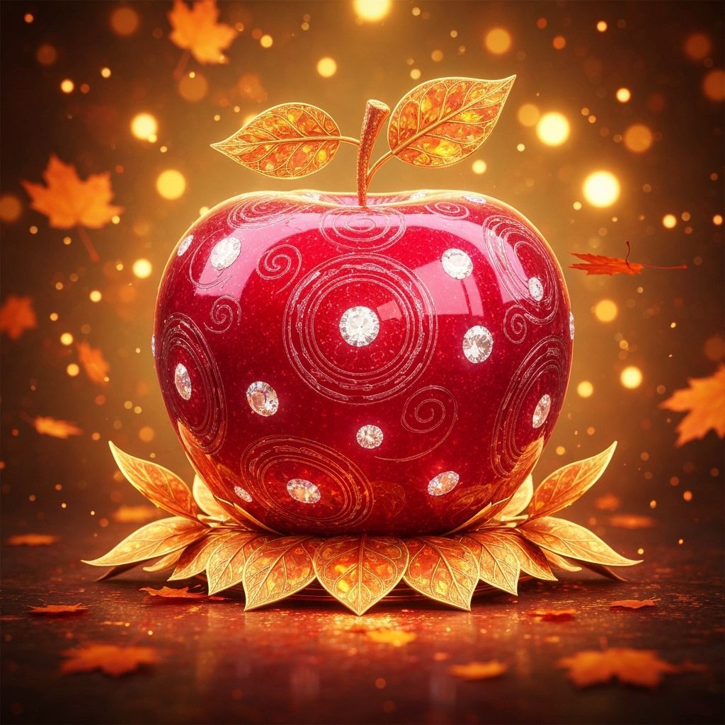 Crimson Apple Sculpture with Diamonds and Gold Leaves