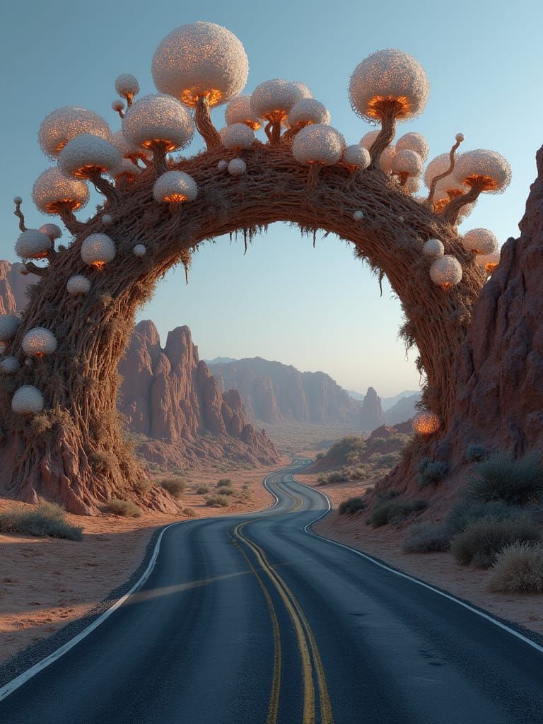 Surreal Desert Highway Archway in Digital Art Style