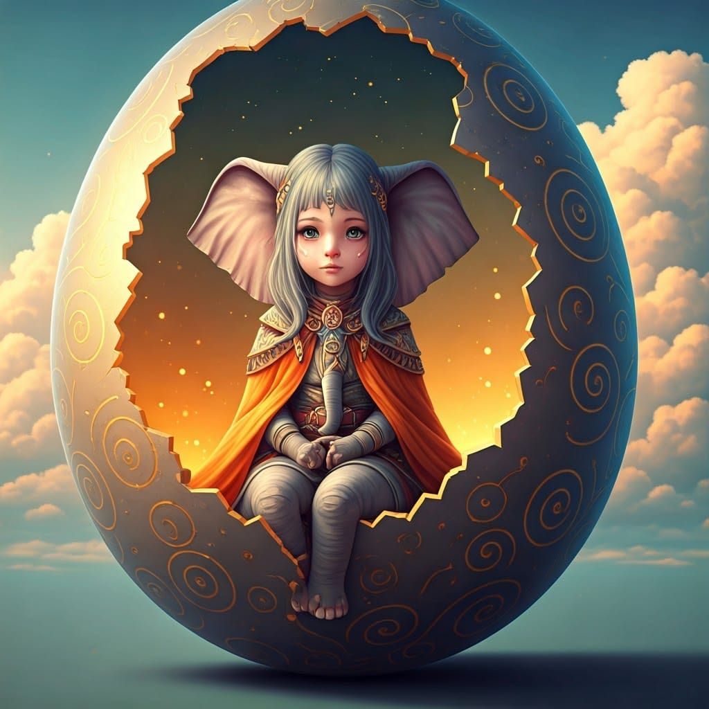 Elephant Girl in Ornate Egg, Anime-Inspired 3D Render