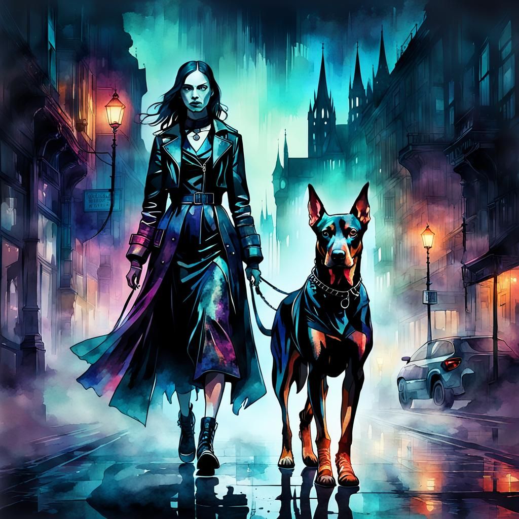 Gothic Woman and Doberman in Watercolor Cityscape