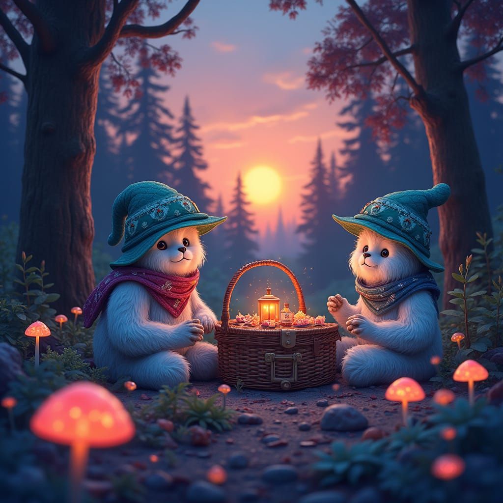 Bioluminescent Bigfoot Family Picnic in Alien Forest