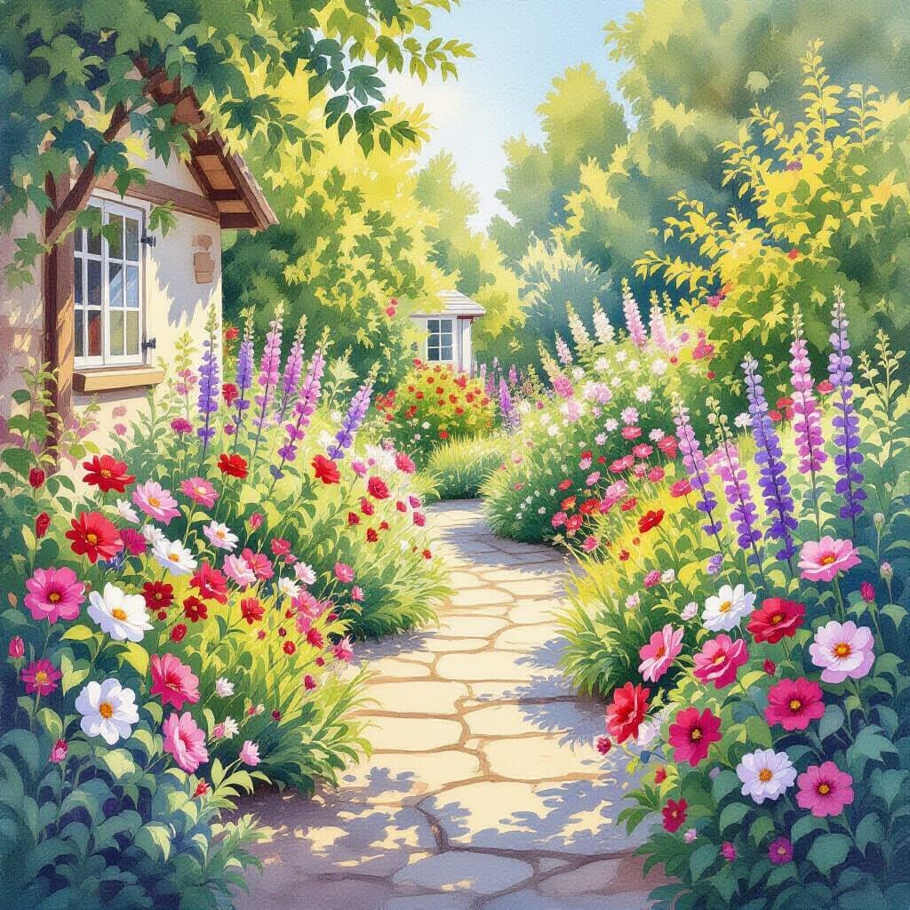 Rustic Garden Decor in Realistic Watercolor Style