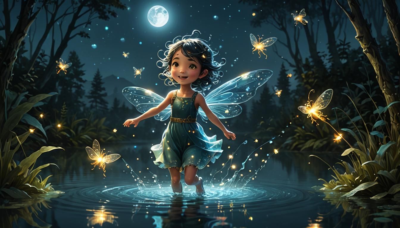 Luminous Water Sprite Playing in Bubbled Lake