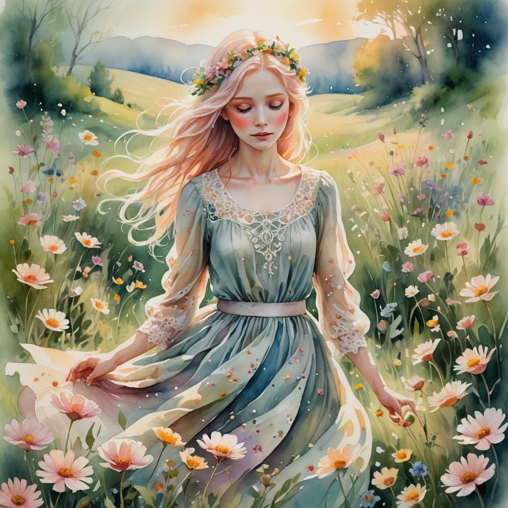 Ethereal Girl in Meadow: Watercolor Painting