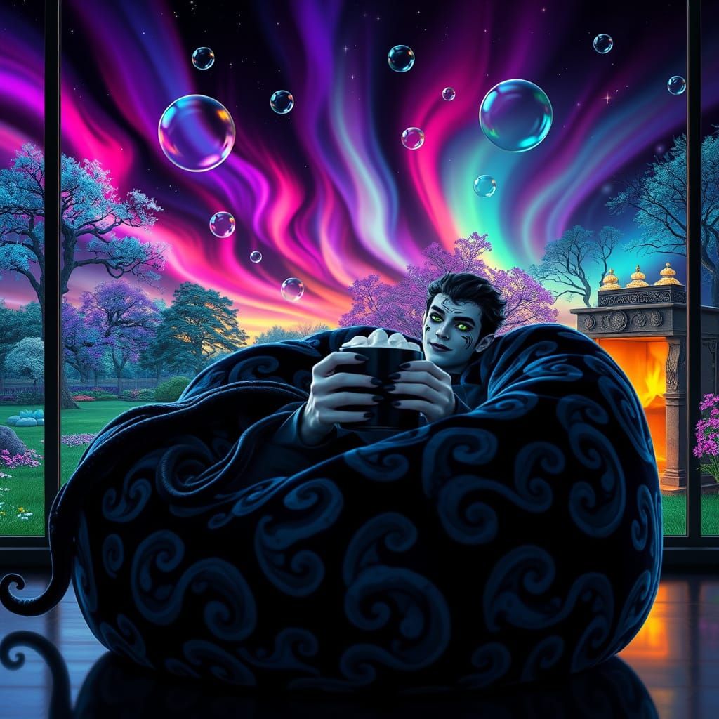 Glowing Alien Youth in Cyberpunk Lounge