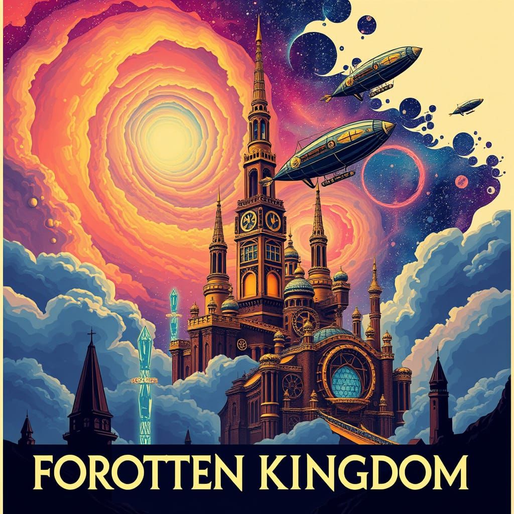 Clockwork City Nebula Travel Poster in Vintage Graphic Style