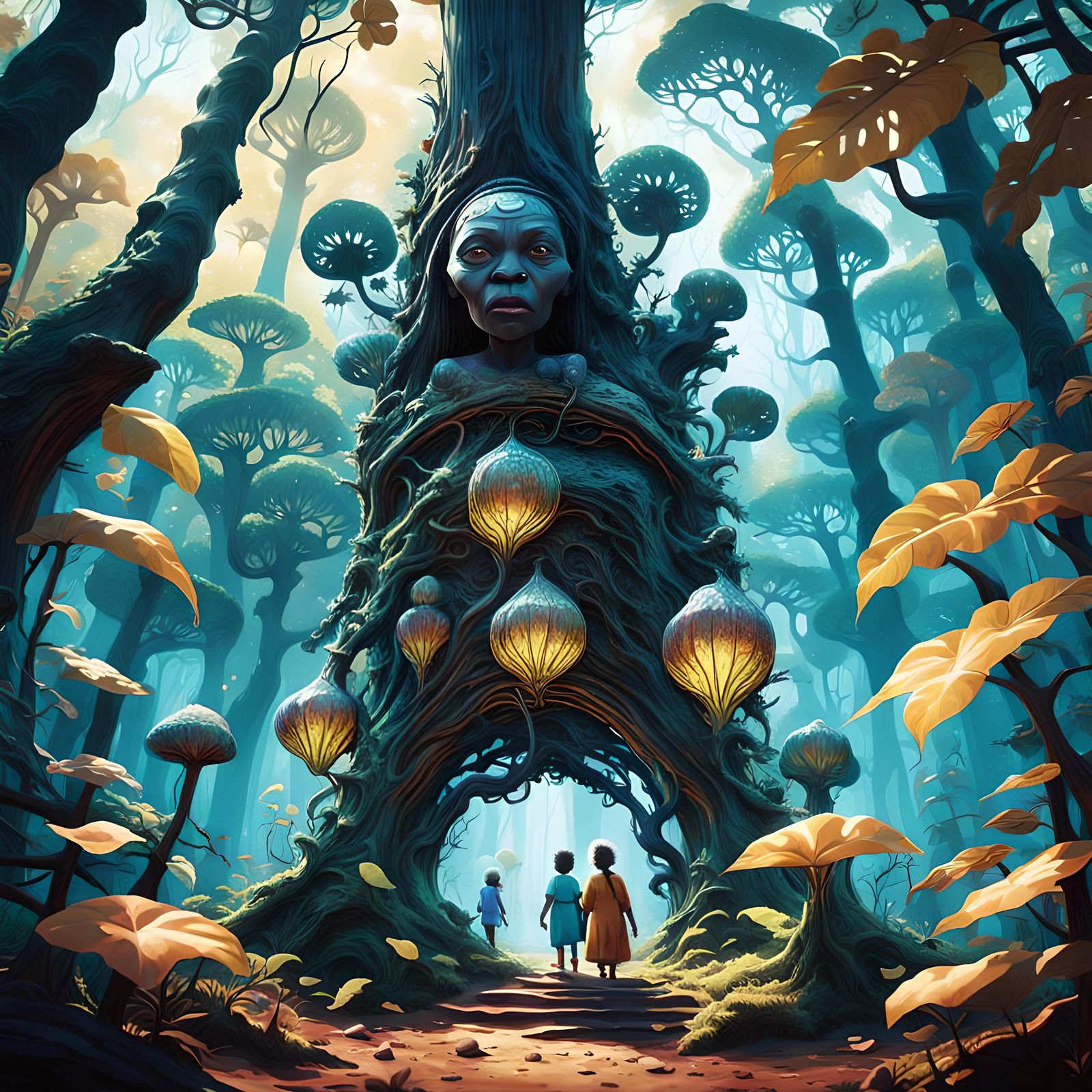 Wise Woman Teaches Grandchildren in Fantasy Maze