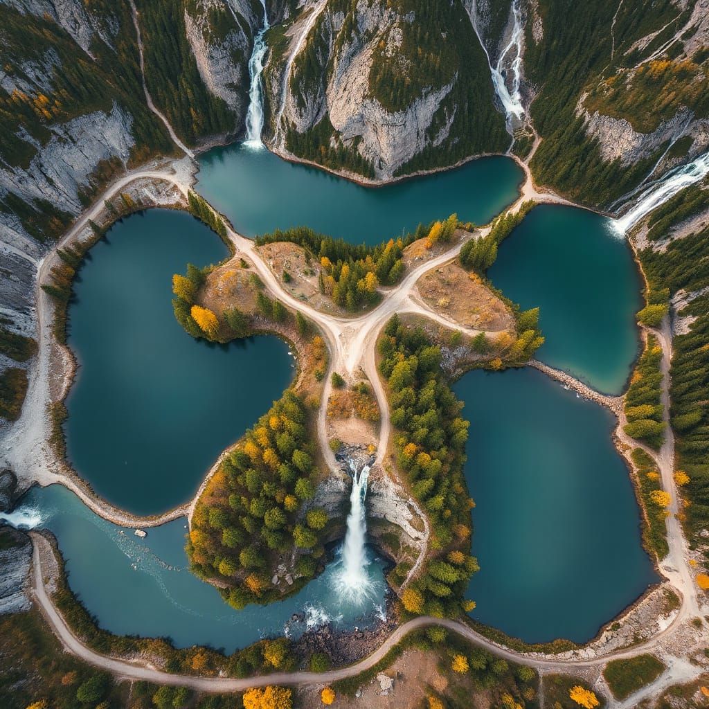 Symmetrical Bird's Eye View of Mountain Lakes