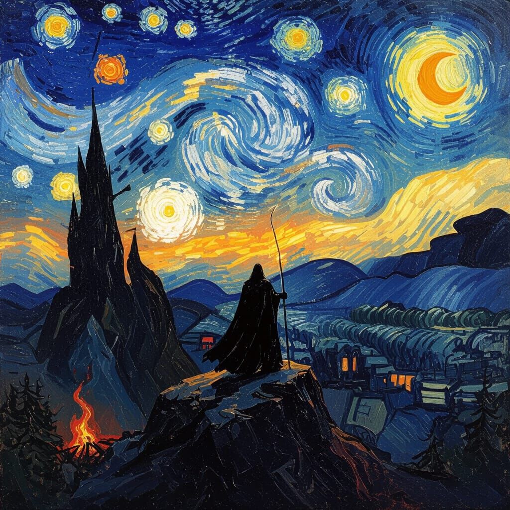 Sauron's Starry Night: Tolkien Landscape in Van Gogh Style