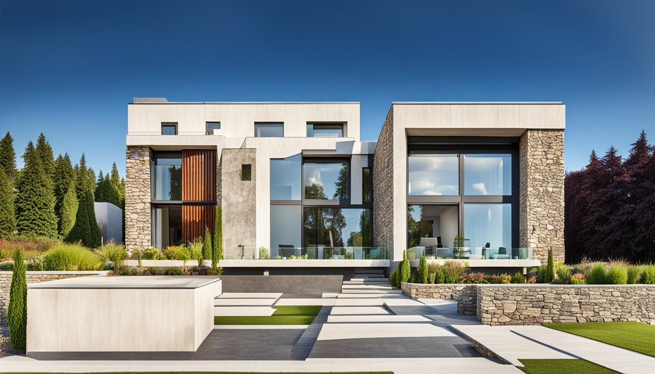 Modern Stone and Glass House Facade with Garden