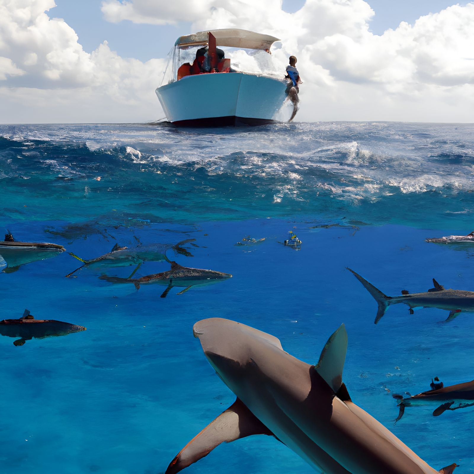 Hammerhead Sharks Circle Small Boat