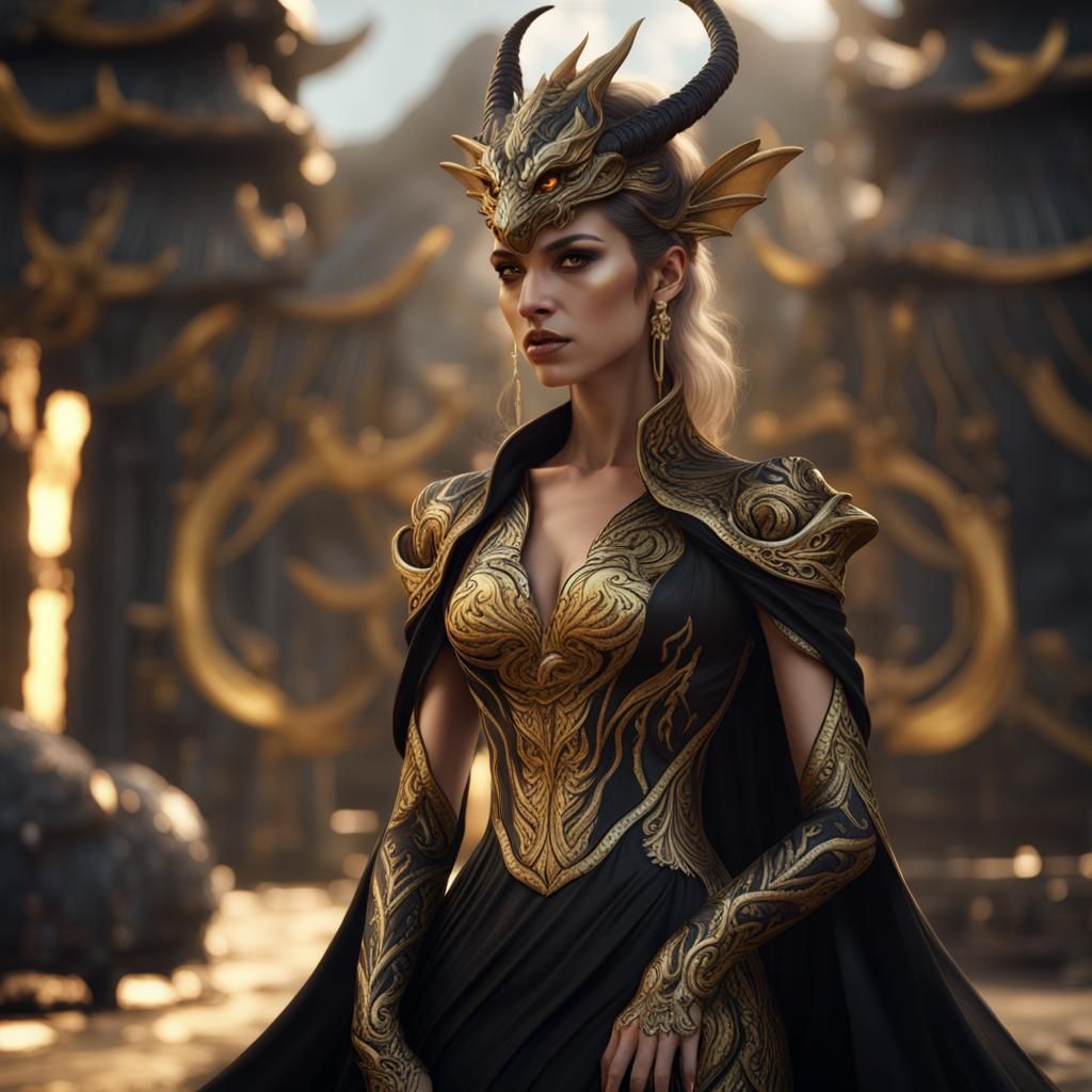 Dragon Woman in Black and Gold Dress