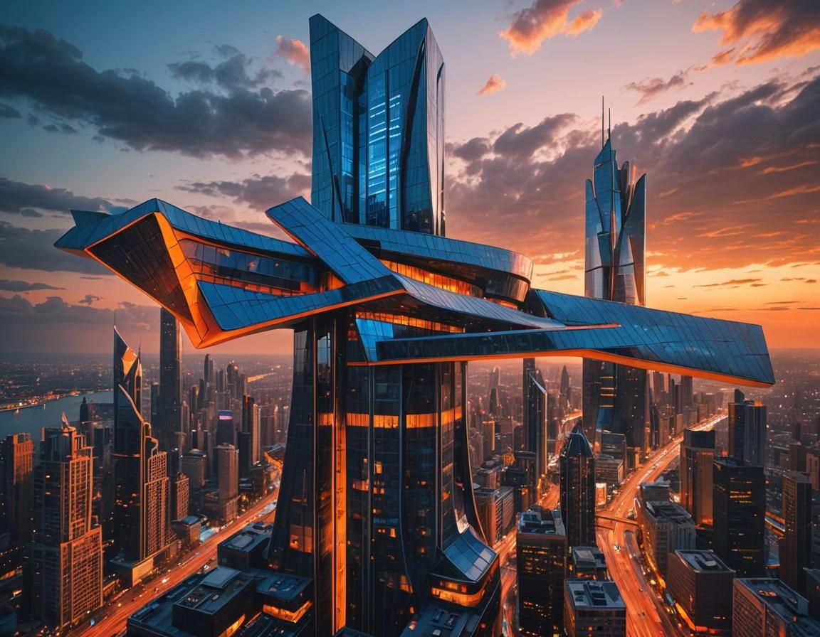 Futuristic Skyscraper with Sweeping Curves in Sci-Fi Style