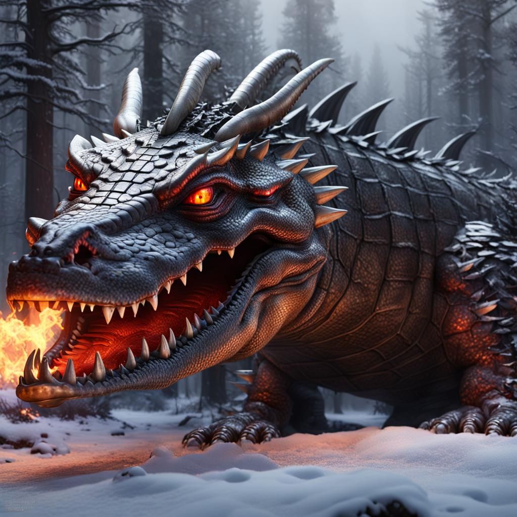 Giant Metal Crocodile with Dragon Horns in Winter