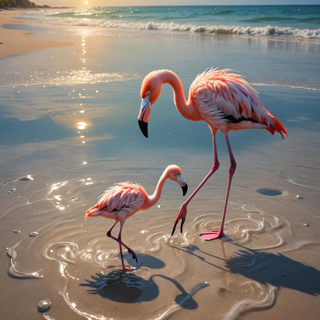 Cute Baby Flamingo Fishing on a Sunny Beach