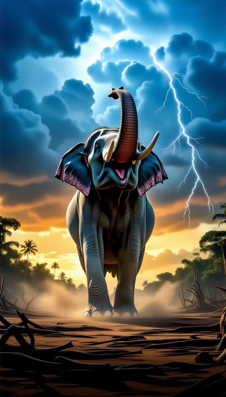 Colossal White Elephant Trumpets in Stormy Jungle