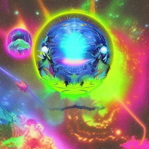 Psychedelic Neon Dragon Battle in Space