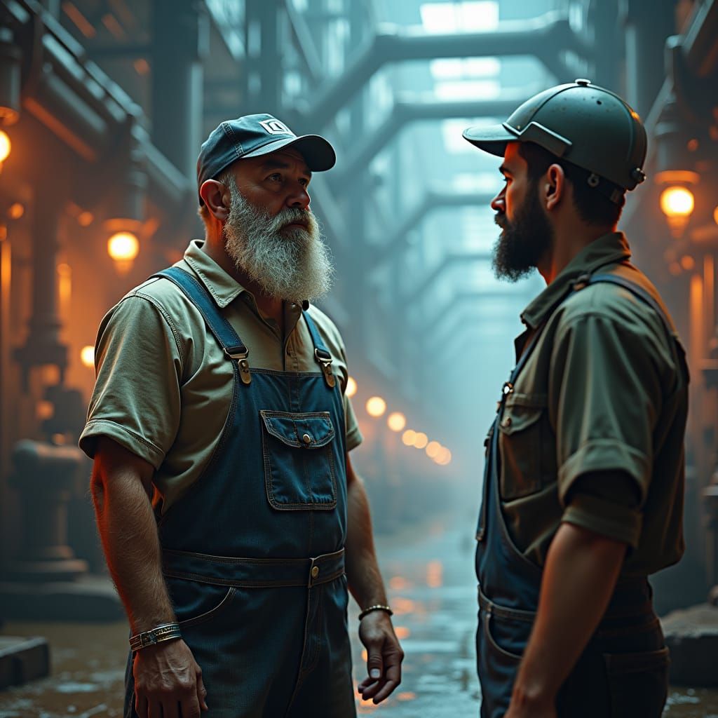 Middle-Aged Worker Complains to Colleague in Futuristic Indu...