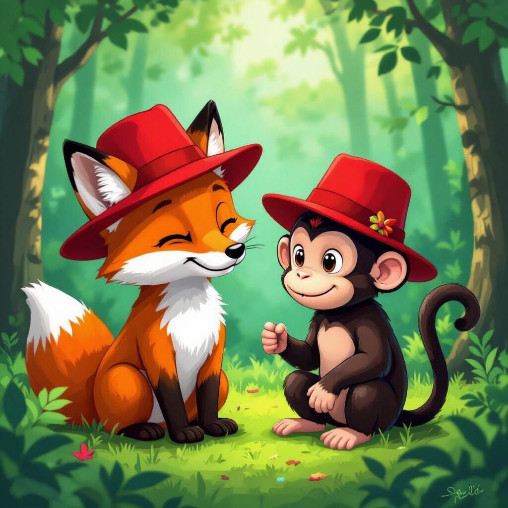 Fox and Monkey in Hats: Whimsical Forest Illustration
