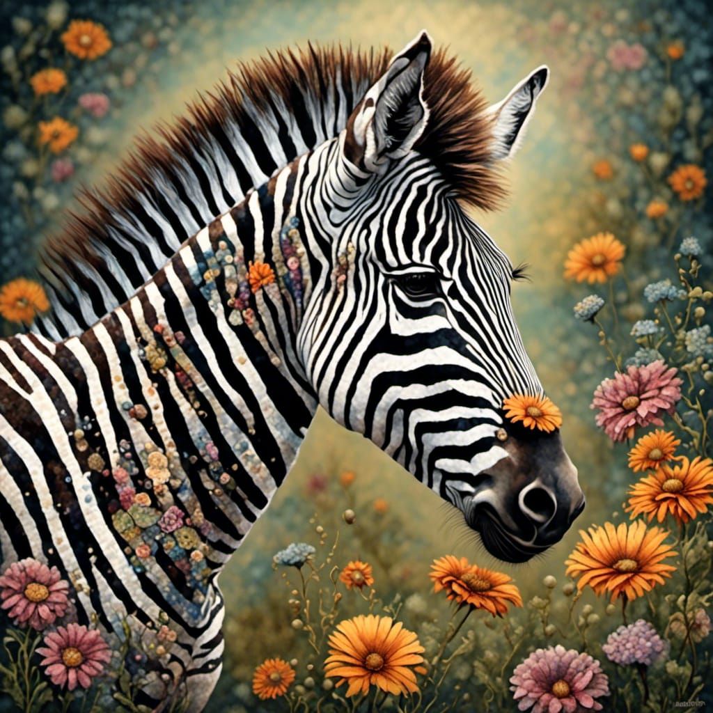 Baby Zebra Smelling Flower at Dawn