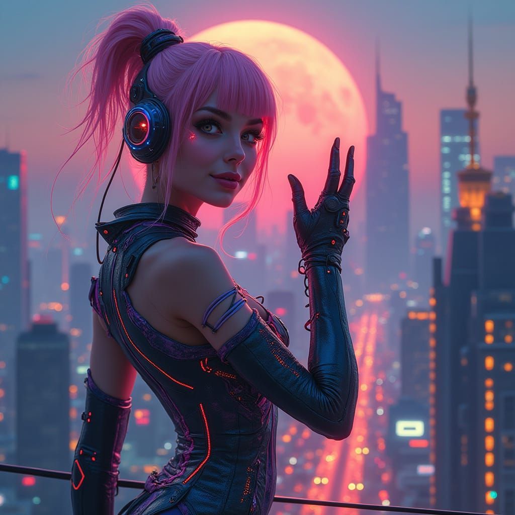 Cyberpunk Lolita Goddess Blows Kiss to the Moonlit City