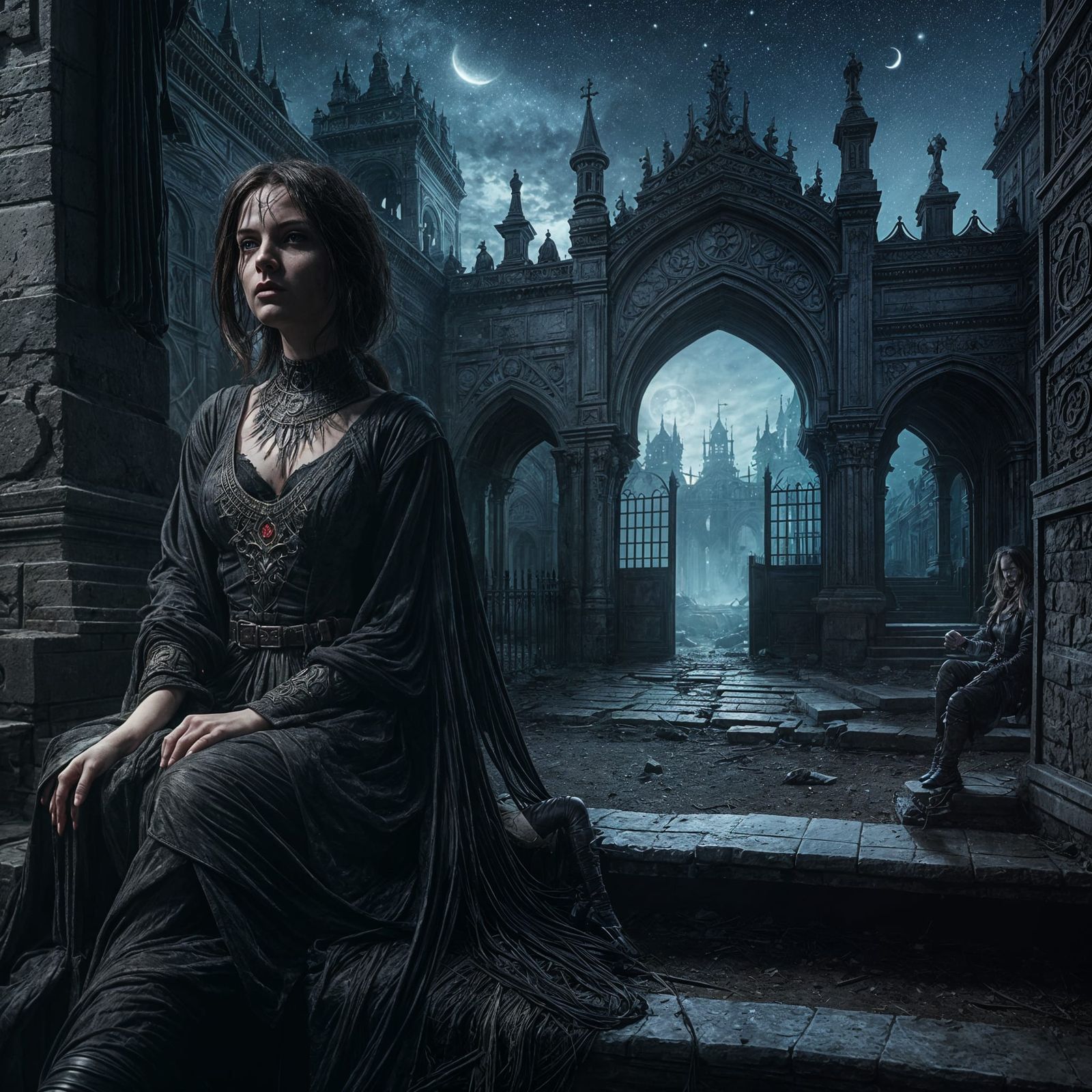 Eerie Night Scene: Rogue at Ruined Gate