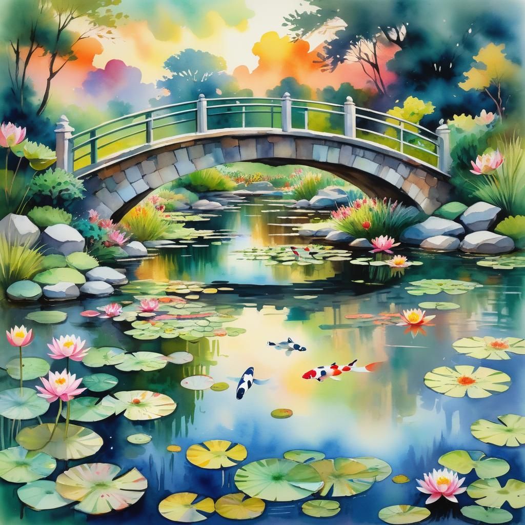 Watercolor River Scene with Koi Fish in Gouache Style
