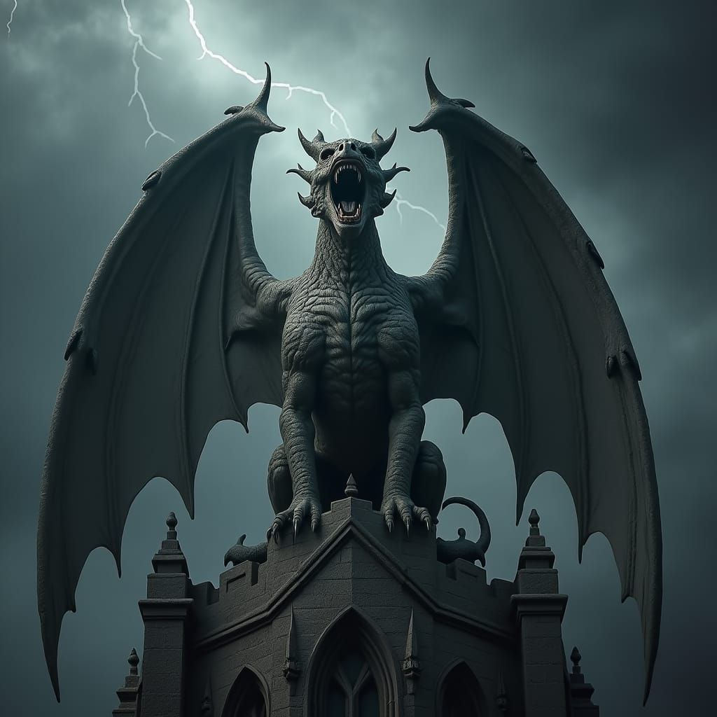 Dragon-Headed Gargoyle Perched Atop Cathedral