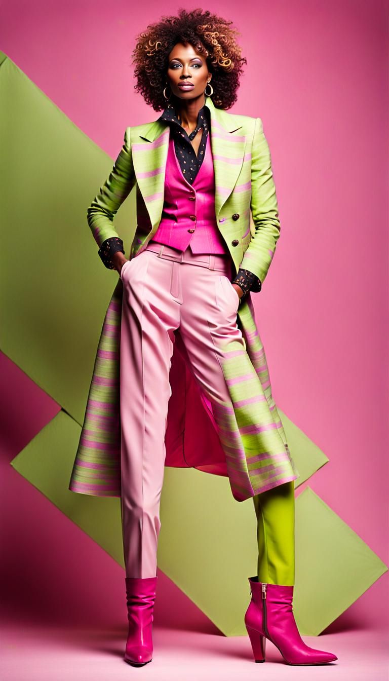Flamboyant Woman in Pink and Green Fashion Outfit