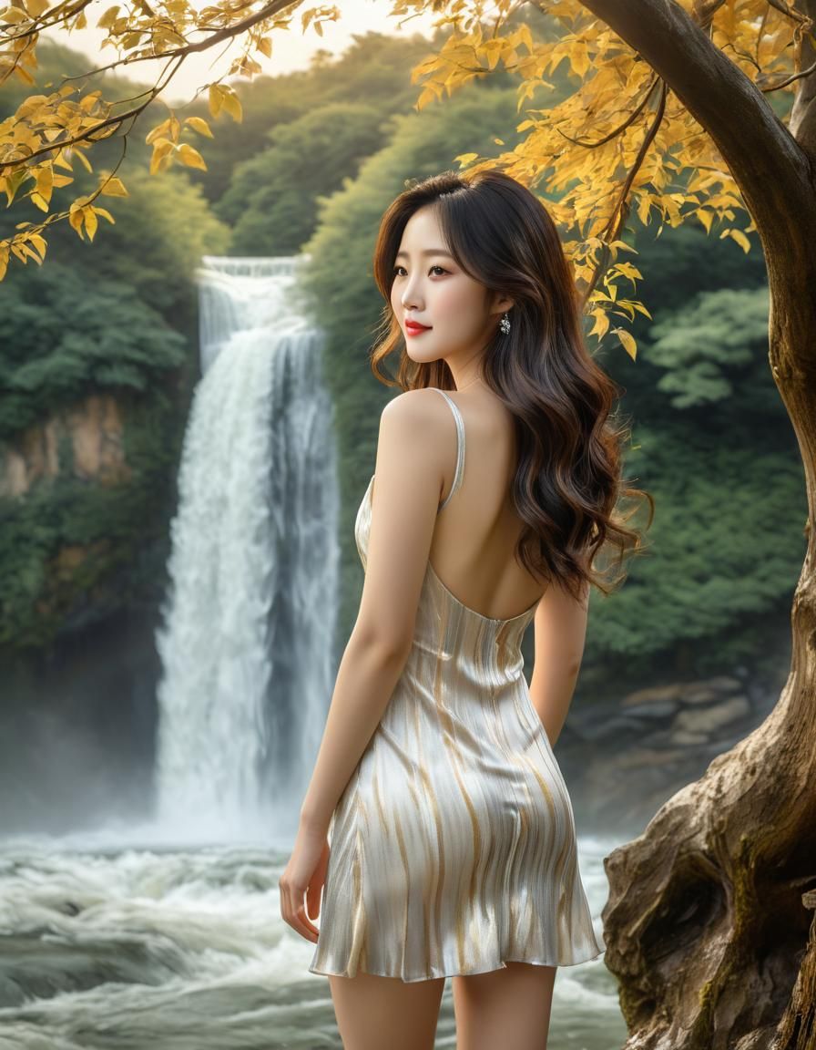 Surreal Watercolor of a Korean Woman by Waterfall