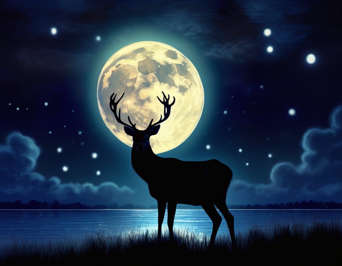 Deer in Moonlight: Whimsical Digital Painting