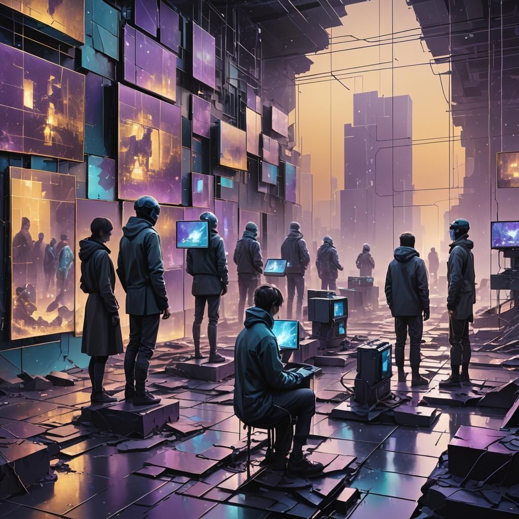 Digital Isolation: Abstract Figures in Dystopian Landscape